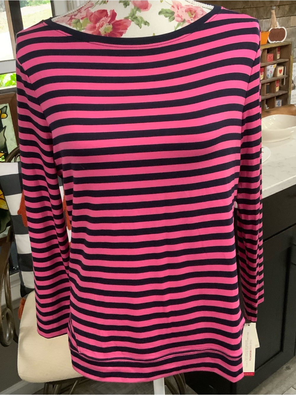 Talbots Petites Top MP Striped Long Sleeve Therma Warmth Knit Tee Pink Navy New